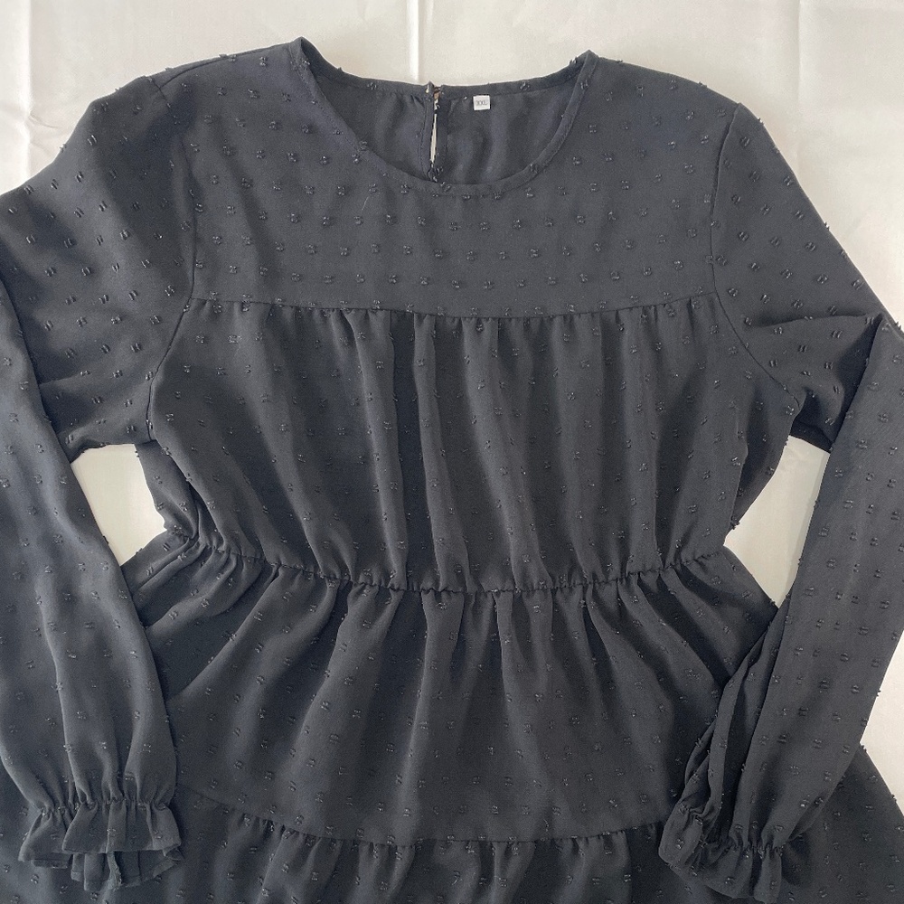 Black Swiss Dot Ruffle Sleeve Tiered Tunic Top Womens XXL